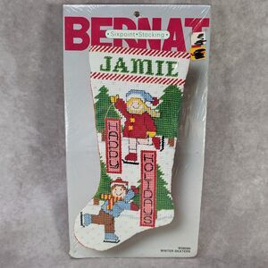 Vintage Bernat Christmas Stocking Kit Winter Skaters 9x18 Sealed 1988 W08086